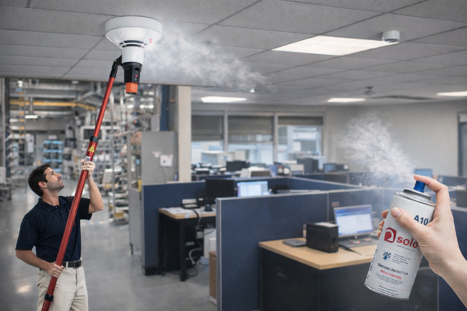 Teste de detector de fumaça com spray em ambiente profissional